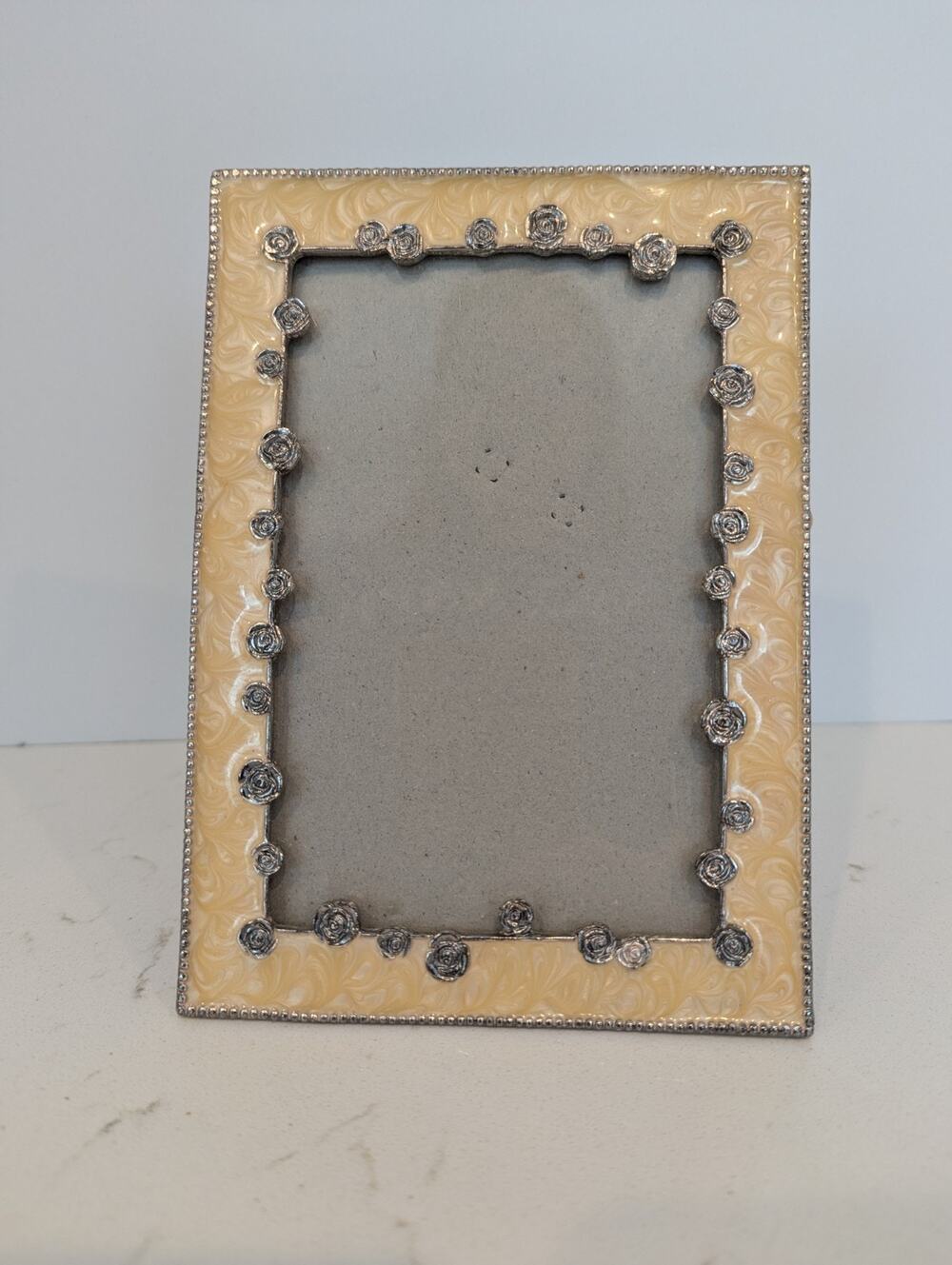 Vtg. Enamel & Silver Tone Rose Picture Frame Pearlescent Cream 4×6 Ornate Floral